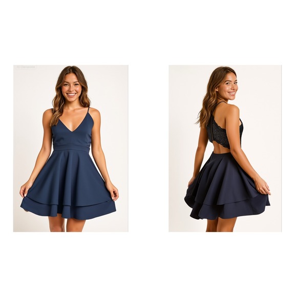 Windsor Late Night Lace Back Skater Dress Party‎ Fit and Flare Mini Dress Navy S - Picture 1 of 7